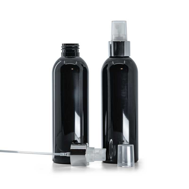 Black Shiny Plastic Bottle, Transparent Spray with Glossy Silver Collar, 200 ml