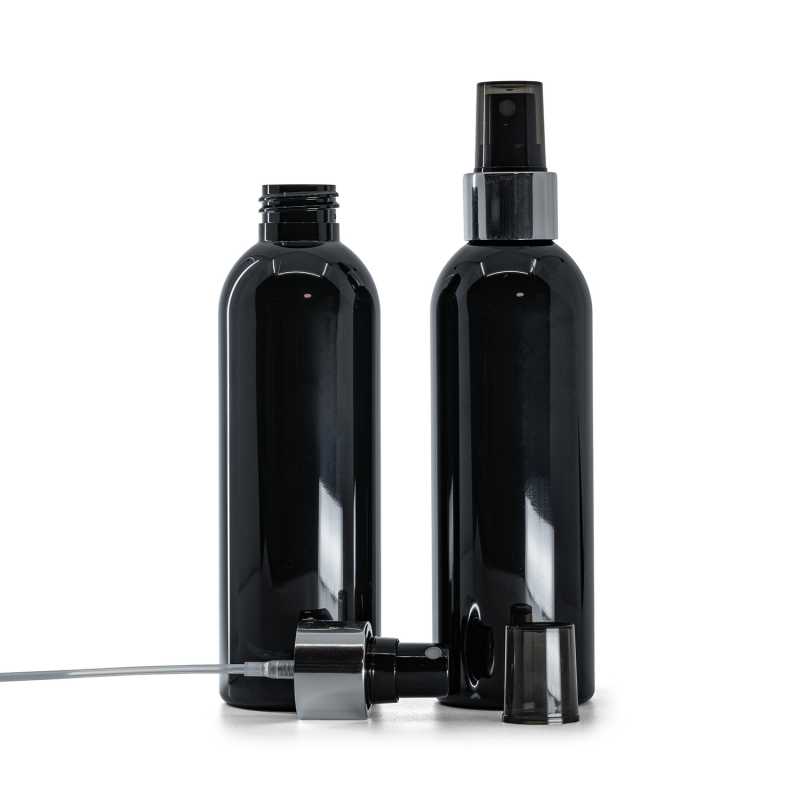 Black Shiny Plastic Bottle, Black Spray with Glossy Silver Collar, 200 ml