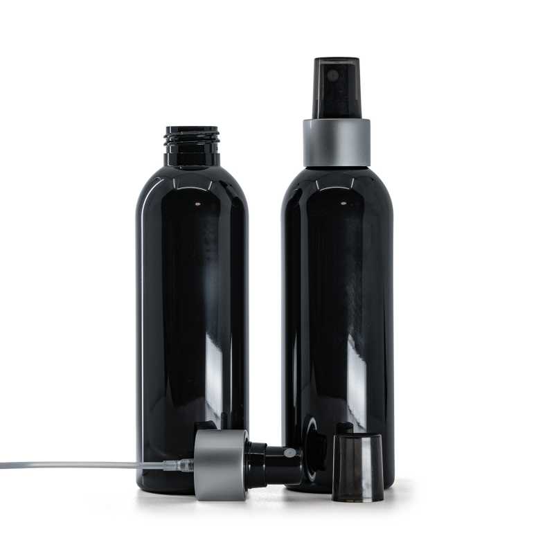 Black Shiny Plastic Bottle, Black Spray with Glossy Silver Collar, 200 ml-copy