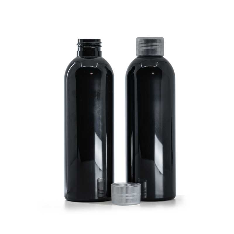 Black Shiny Plastic Bottle, Transparent Cap, 200 ml
