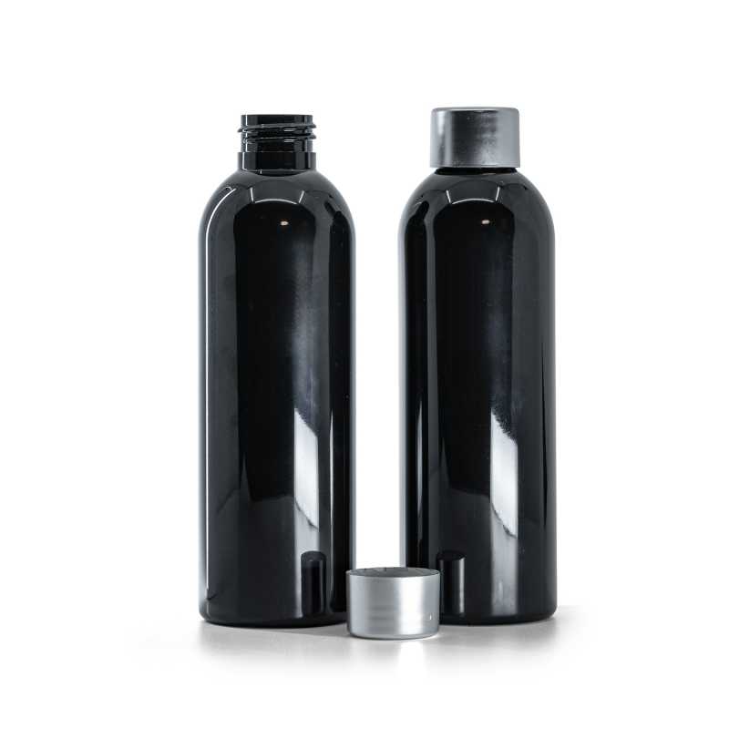 Black Shiny Plastic Bottle, Silver Cap, 200 ml 
