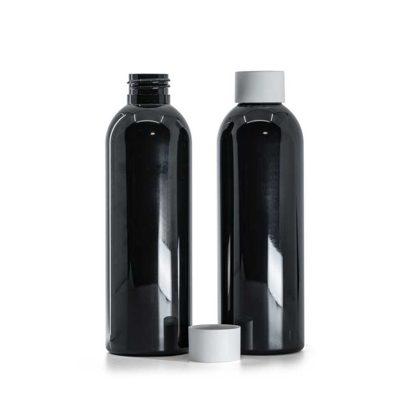 Black Shiny Plastic Bottle, Matte White Cap, 200 ml