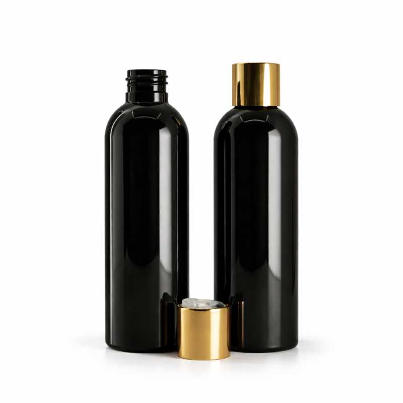 Black Shiny Plastic Bottle, Golden Flip Top, 200 ml