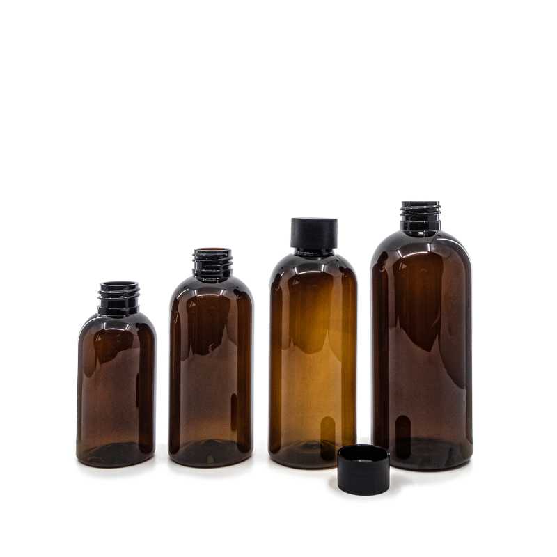 Amber Plastic Bottle, 24/410, Black Mat Plastic Cap, 100 ml
