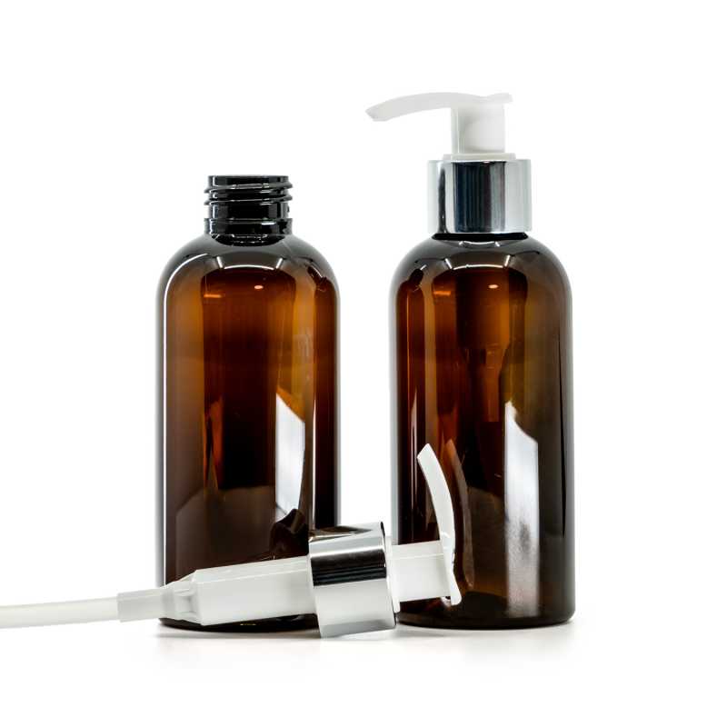 Amber Plastic Bottle, White Lotion Pump With Glossy Silver Collar, 150 ml