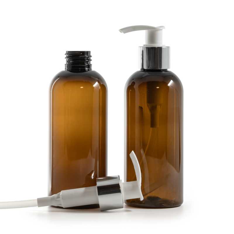 Amber Plastic Bottle, White Lotion Pump With Glossy Silver Collar, 200 ml