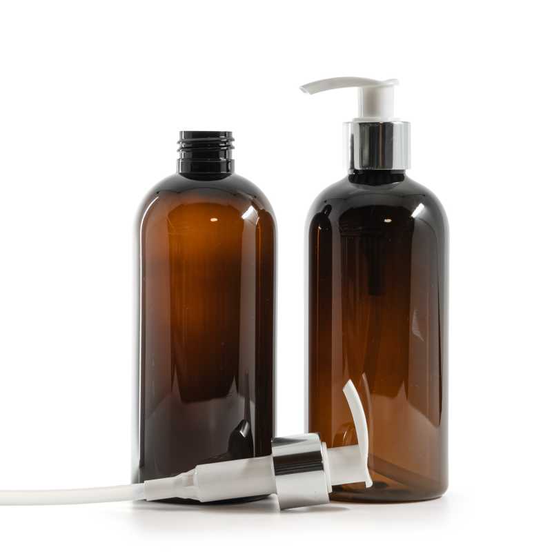 Amber Plastic Bottle, White Lotion Pump With Glossy Silver Collar, 300 ml