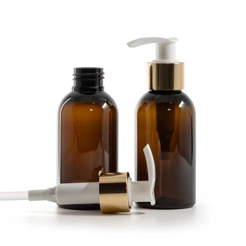 Amber Plastic Bottle, White Lotion Pump With Glossy Gold Collar, 100 ml