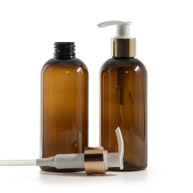 Amber Plastic Bottle, White Lotion Pump With Glossy Gold Collar, 200 ml