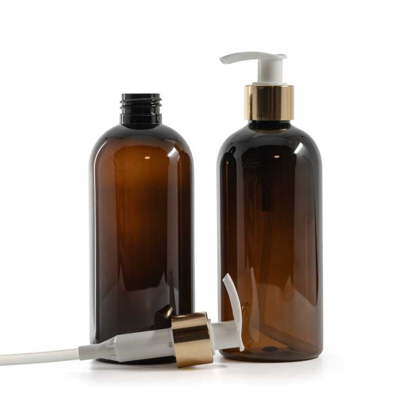 Amber Plastic Bottle, White Lotion Pump With Glossy Gold Collar, 300 ml