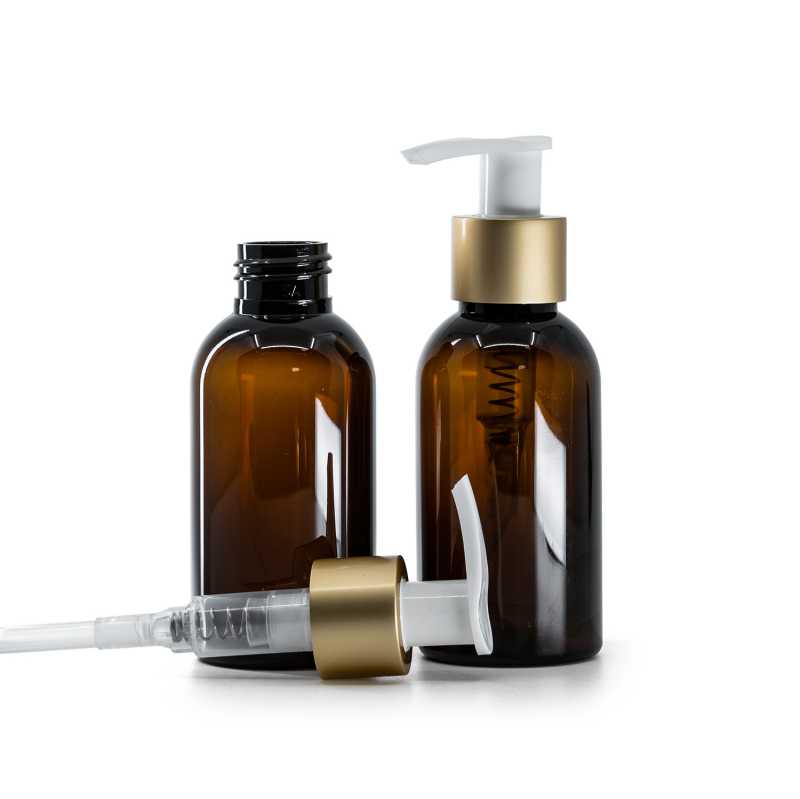 Amber Plastic Bottle, White Lotion Pump With Matte Gold Collar, 100 ml