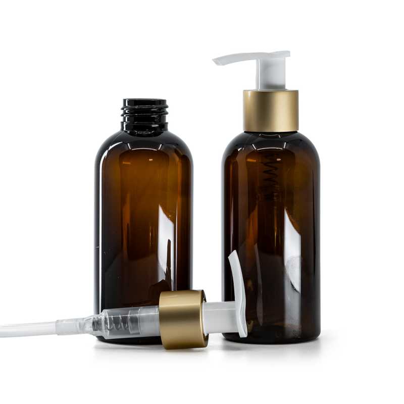 Amber Plastic Bottle, White Lotion Pump With Matte Gold Collar, 150 ml