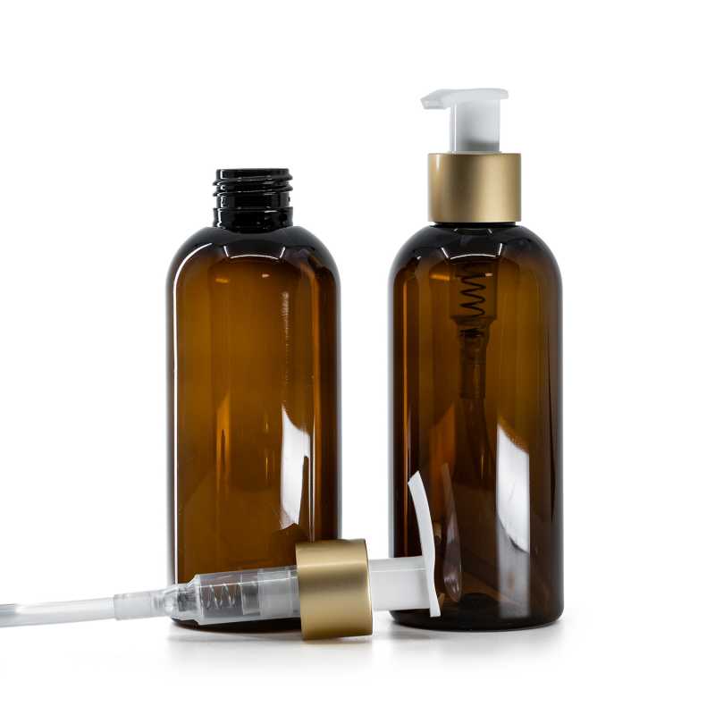 Amber Plastic Bottle, White Lotion Pump With Matte Gold Collar, 200 ml