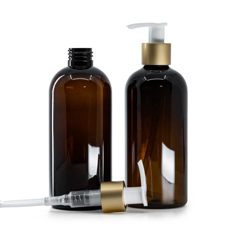 Amber Plastic Bottle, White Lotion Pump With Matte Gold Collar, 300 ml