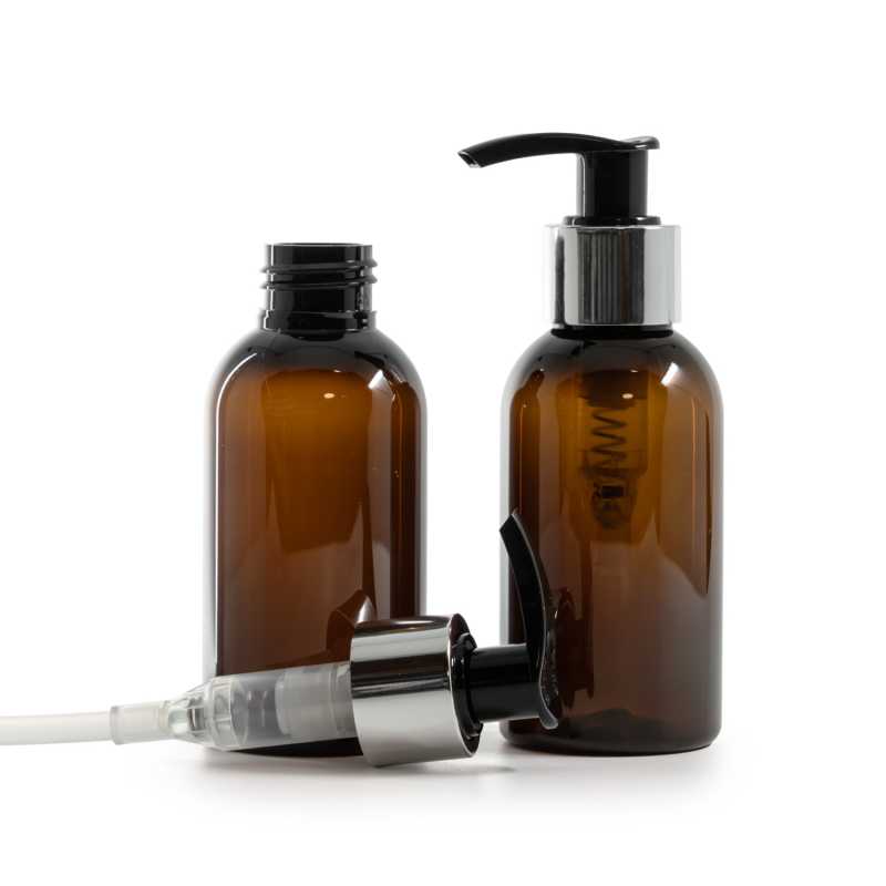 Amber Plastic Bottle, Black Lotion Pump With Glossy Silver Collar, 100 ml
