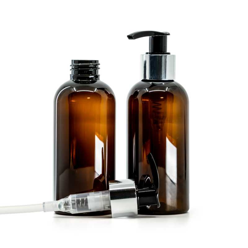 Amber Plastic Bottle, Black Lotion Pump With Glossy Silver Collar, 150 ml