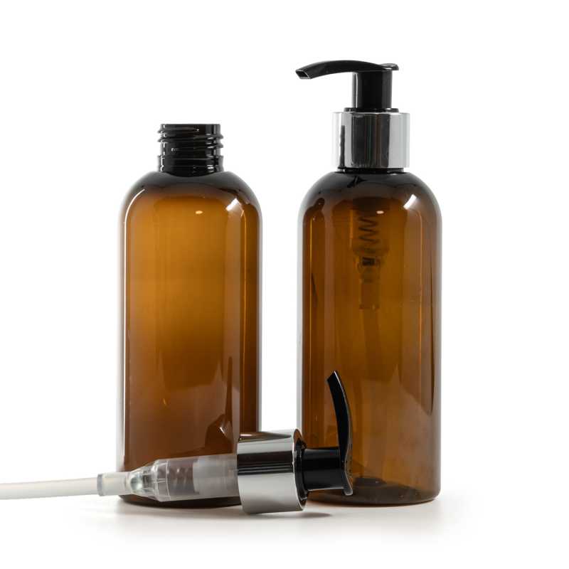 Amber Plastic Bottle, Black Lotion Pump With Glossy Silver Collar, 200 ml