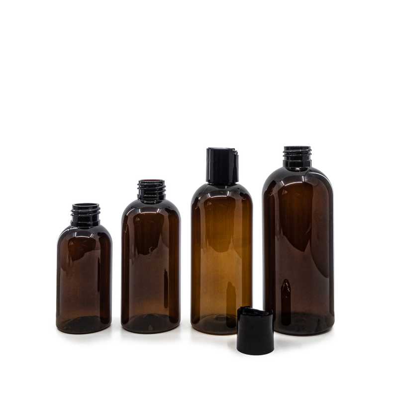 Amber Plastic Bottle, Black Disc Top, 150 ml