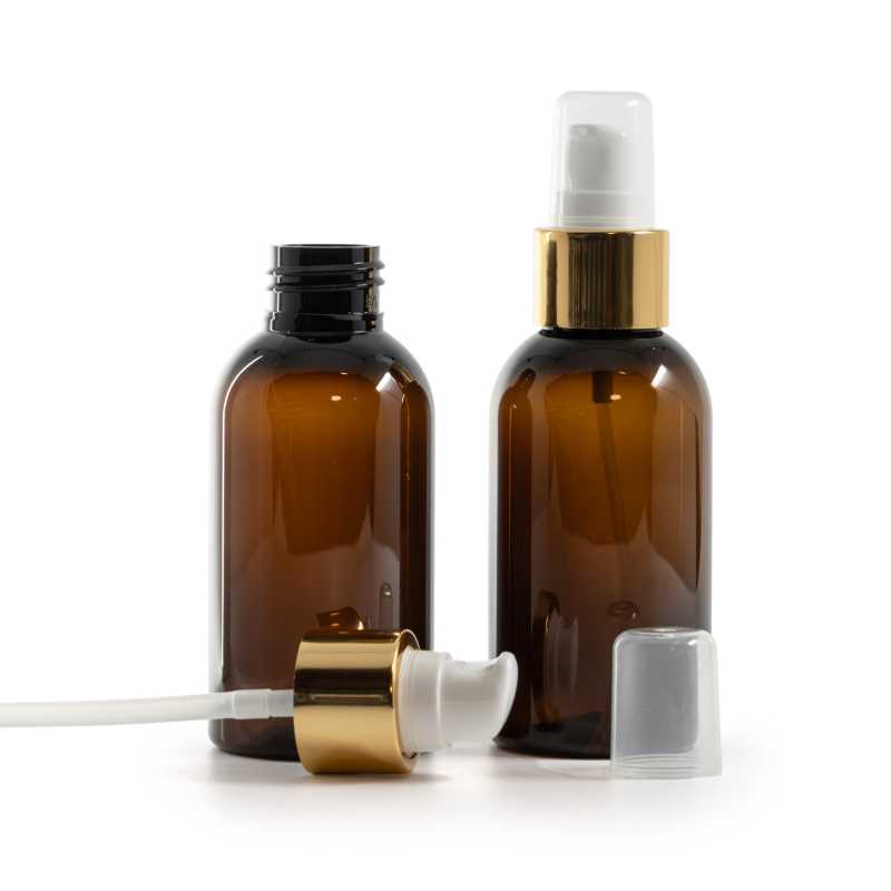 Amber Plastic Bottle, White Lotion Pump With Overcap, Glossy Gold, 100 ml