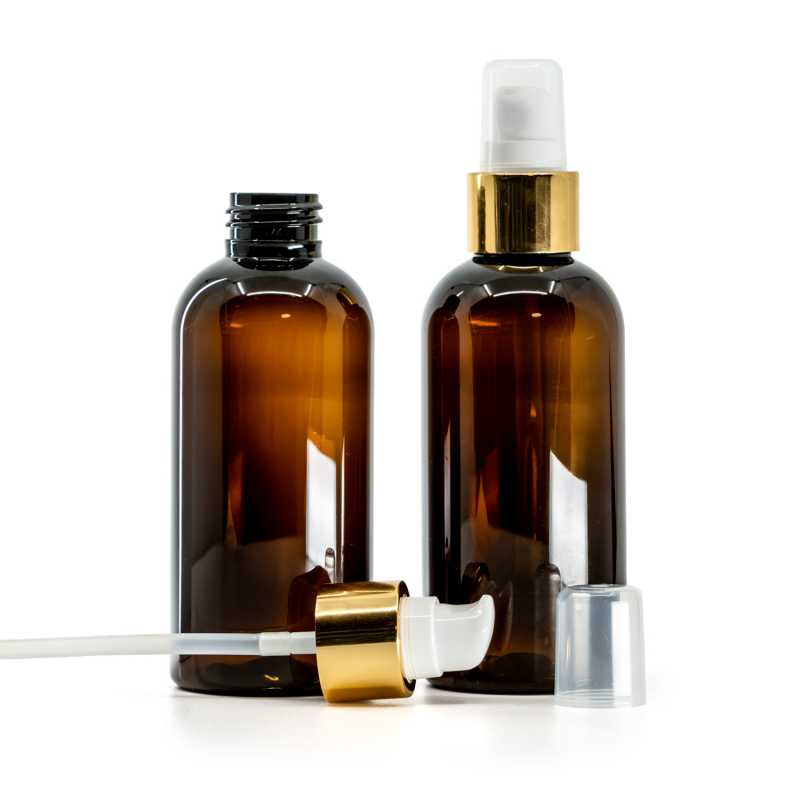 Amber Plastic Bottle, White Lotion Pump With Overcap, Glossy Gold, 150 ml