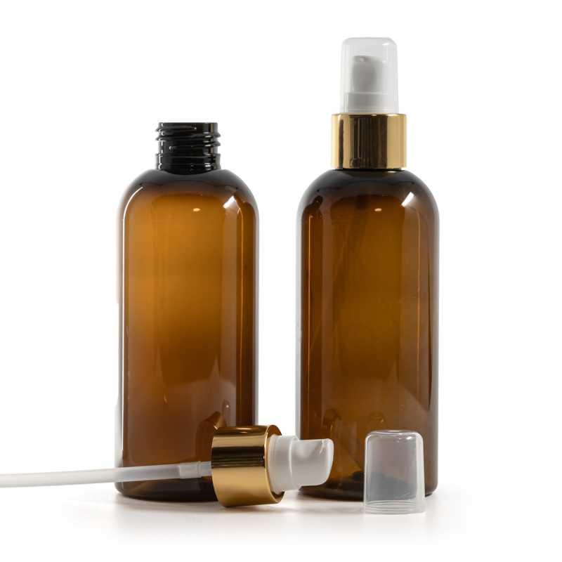 Amber Plastic Bottle, White Lotion Pump With Overcap, Glossy Gold, 200 ml