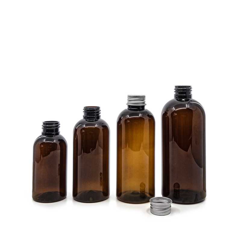Amber Plastic Bottle, Silver Aluminium Cap, 150 ml