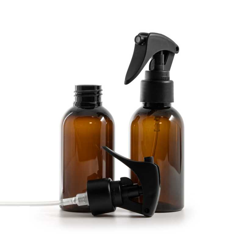 Amber Plastic Bottle, Mini Trigger Spray, Matte Black, Smooth Collar, 100 ml