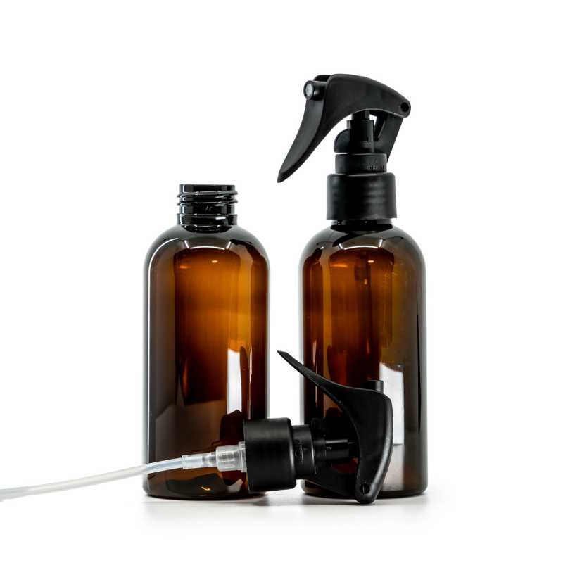 Amber Plastic Bottle, Mini Trigger Spray, Matte Black, Smooth Collar, 150 ml