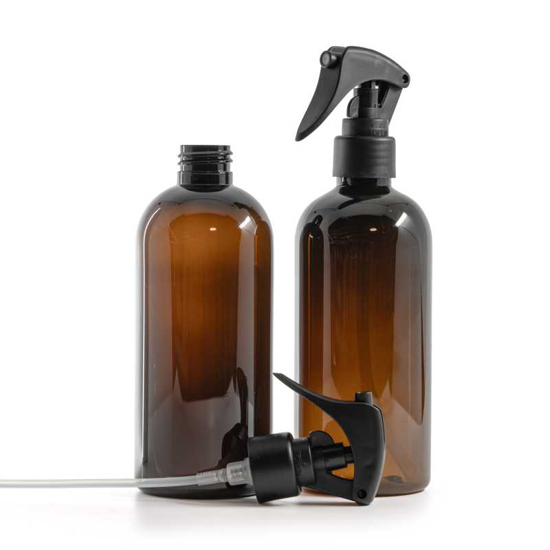 Amber Plastic Bottle, Mini Trigger Spray, Matte Black, Smooth Collar, 300 ml