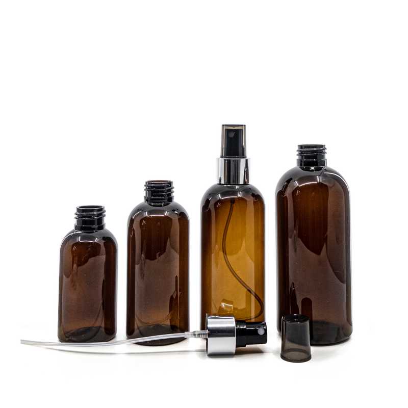 Amber Plastic Bottle, Black Spray with Glossy Silver Collar, 100 ml