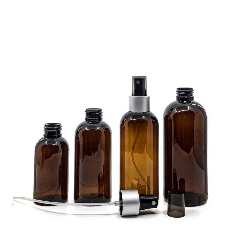 Amber Plastic Bottle, Black Spray, Matte Silver Collar, Smoky Overpcap, 100 ml