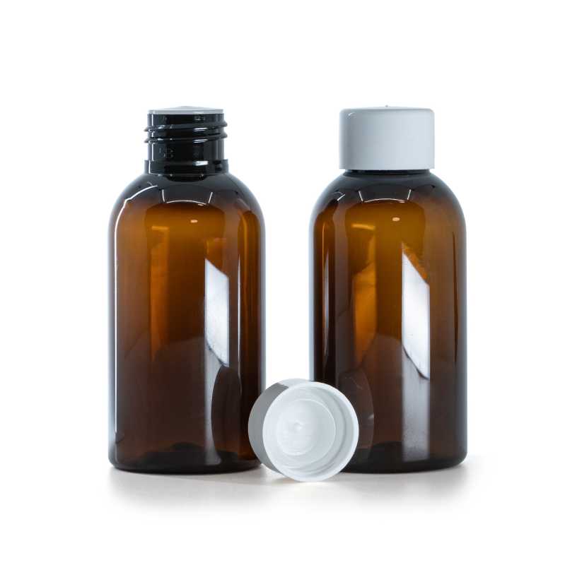 Amber Plastic Bottle, Smooth White Cap With Reducer, 100 ml