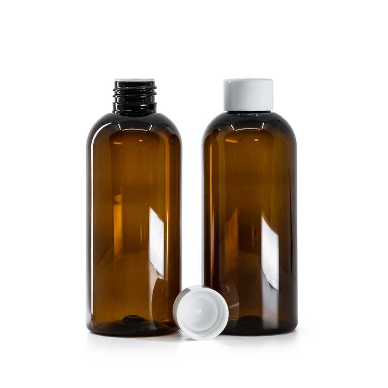 Amber Plastic Bottle, Smooth White Cap With Reducer, 200 ml