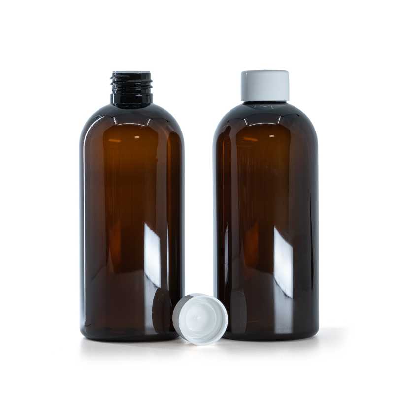 Amber Plastic Bottle, Smooth White Cap With Reducer, 300 ml