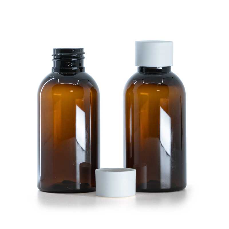 Amber Plastic Bottle, Matte White Cap, 100 ml