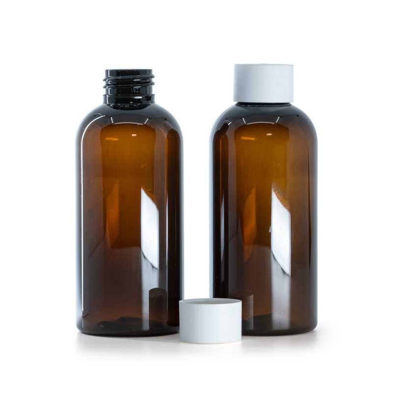 Amber Plastic Bottle, Matte White Cap, 150 ml
