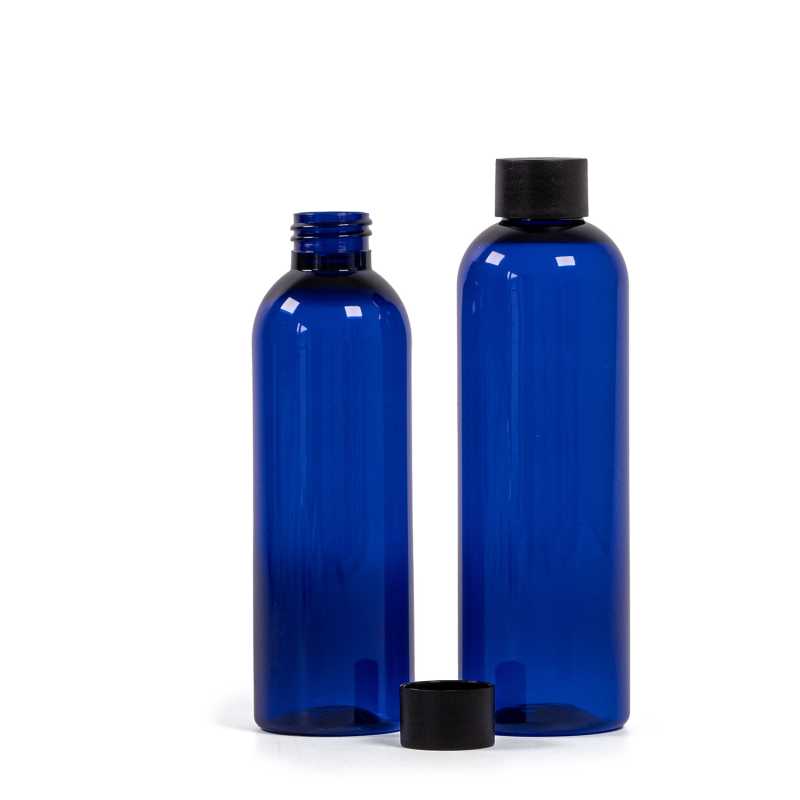 Blue Plastic Bottle, 24/410, Black Mat Plastic Cap, 200 ml