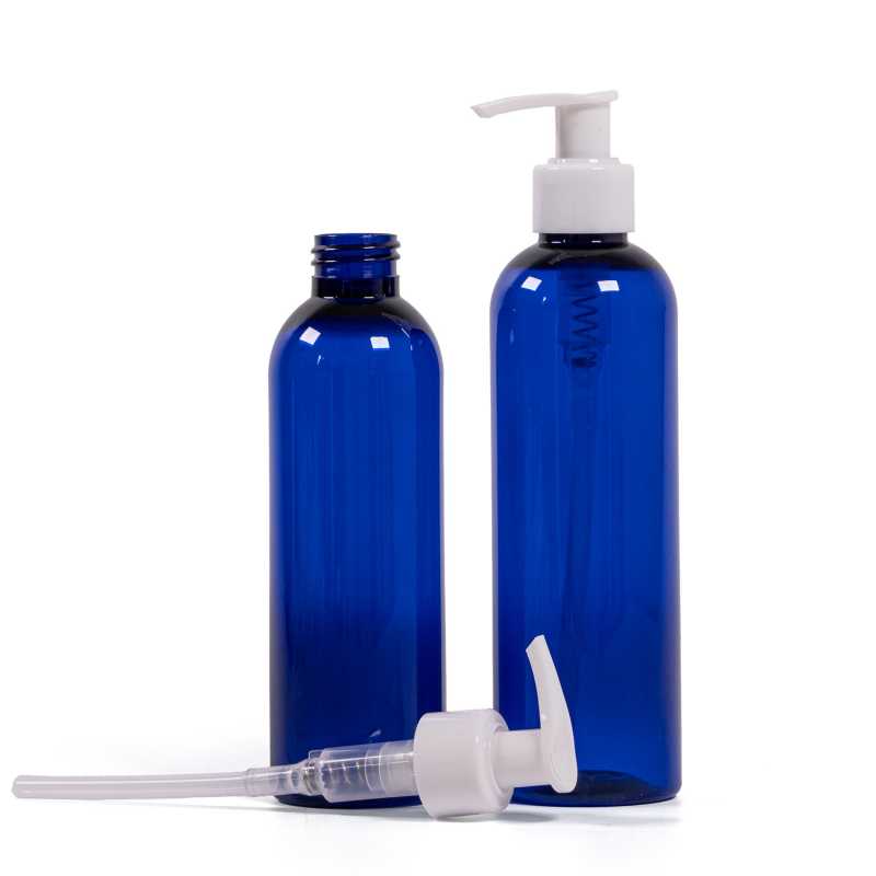Blue Plastic Bottle, White Pump, 200 ml