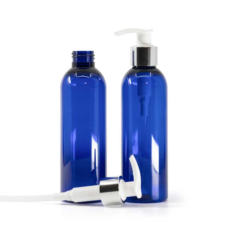 Blue Plastic Bottle, White Lotion Pump With Glossy Silver Collar, 200 ml