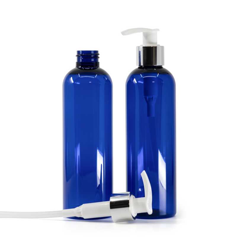 Blue Plastic Bottle, White Lotion Pump With Glossy Silver Collar, 250 ml