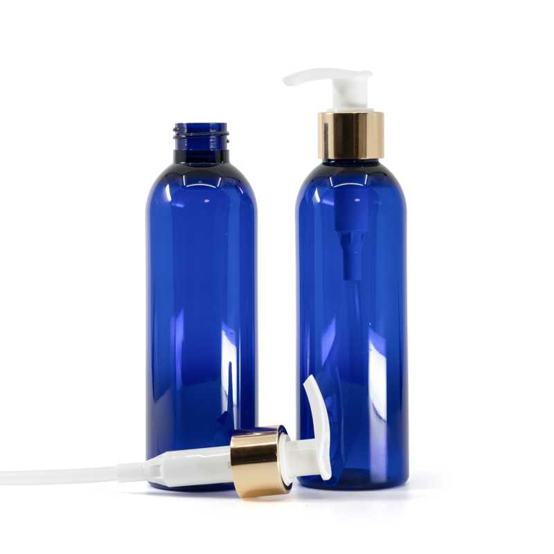Blue Plastic Bottle, White Lotion Pump With Glossy Gold Collar, 200 ml
