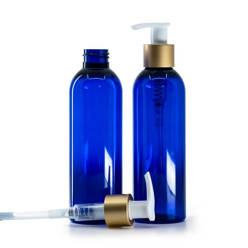 Blue Plastic Bottle, White Lotion Pump With Matte Gold Collar, 200 ml