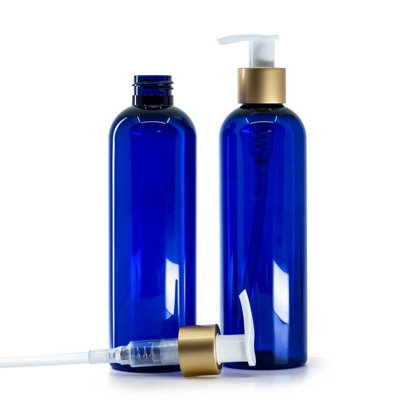 Blue Plastic Bottle, White Lotion Pump With Matte Gold Collar, 250 ml