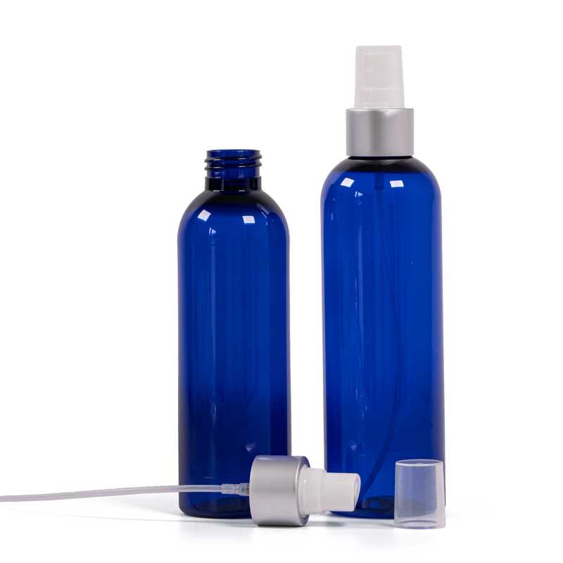 Blue Plastic Bottle, White Spray with Matte Silver Collar, 200 ml