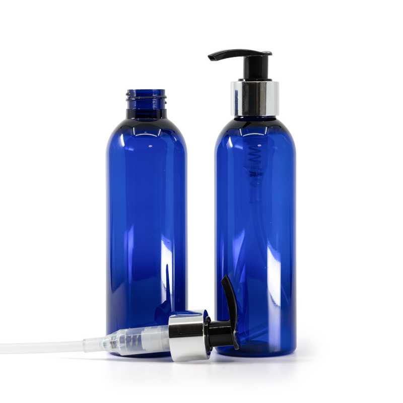 Blue Plastic Bottle, Black Lotion Pump With Glossy Silver Collar, 200 ml