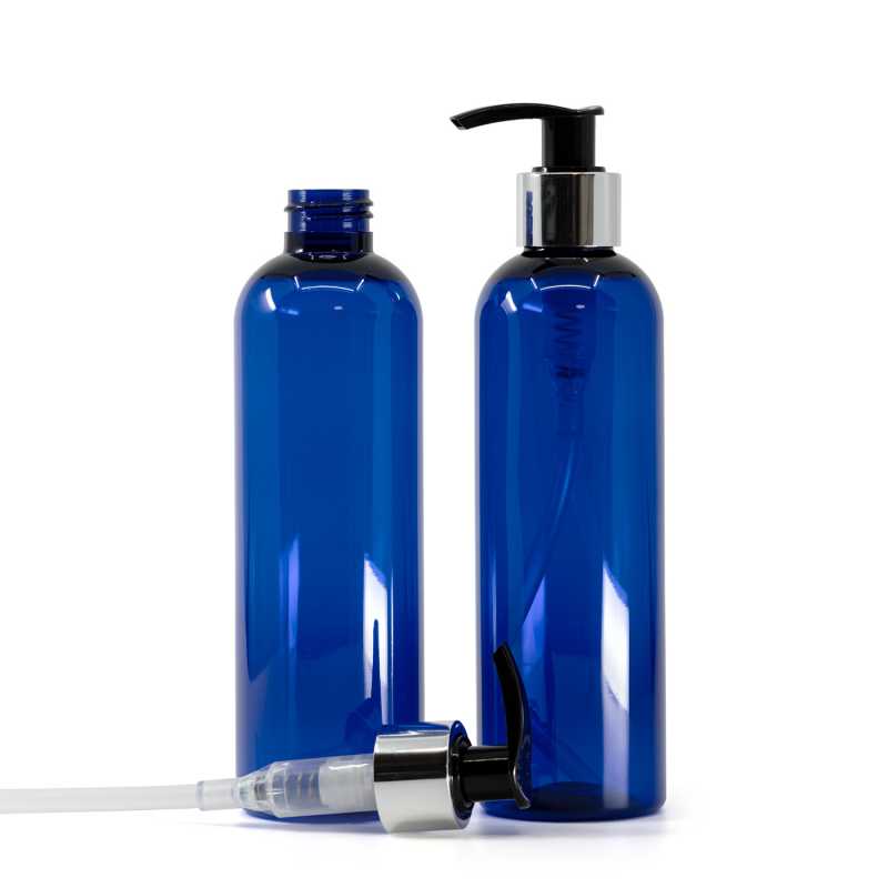 Blue Plastic Bottle, Black Lotion Pump With Glossy Silver Collar, 250 ml