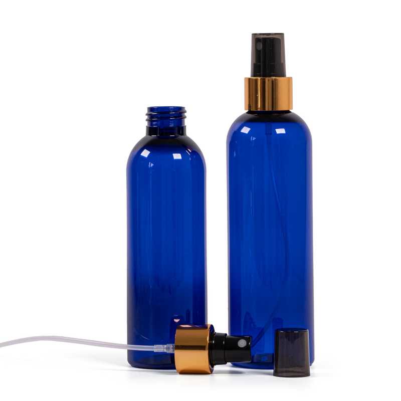 Blue Plastic Bottle, Black Spray With Glossy Gold Collar, 250 ml