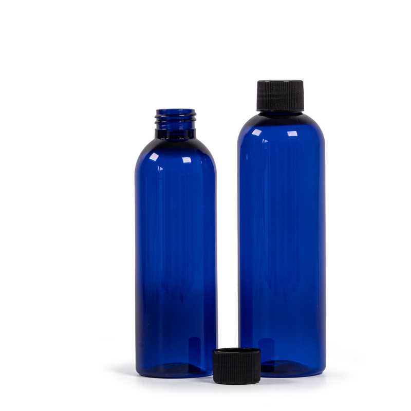 Blue Plastic Bottle, Blak Ribbed Cap, 250 ml