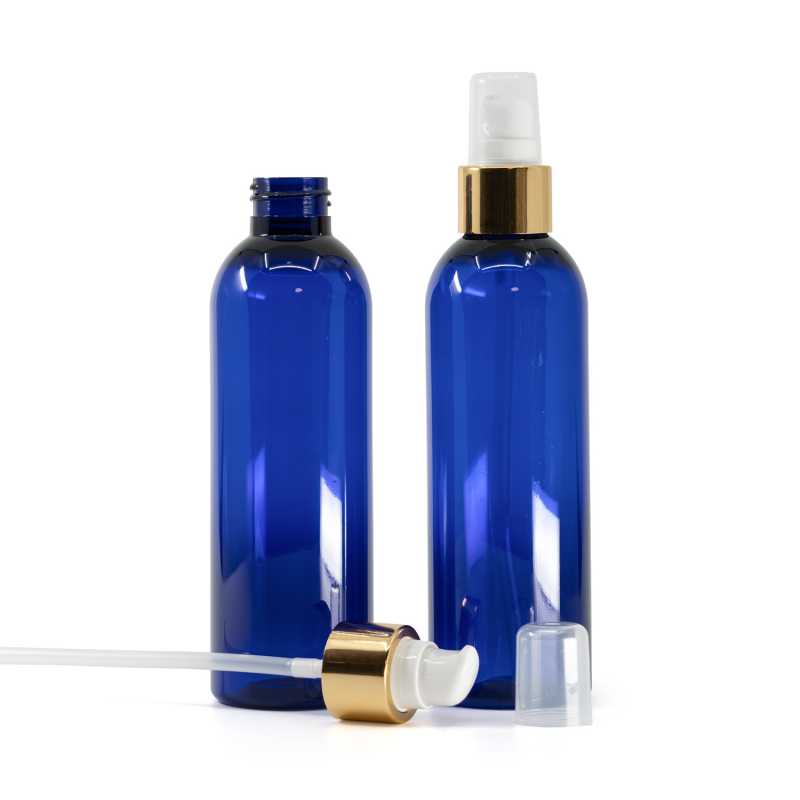 Blue Plastic Bottle, White Lotion Pump With Overcap, Glossy Gold, 200 ml