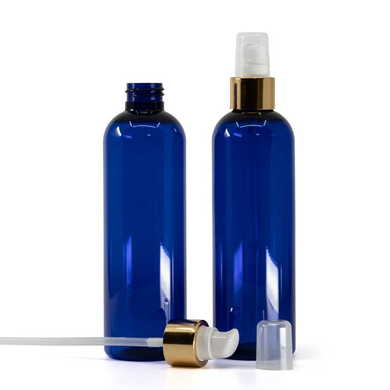 Blue Plastic Bottle, White Lotion Pump With Overcap, Glossy Gold, 250 ml